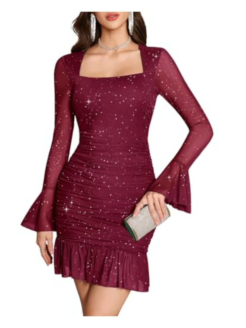 Sequined Mesh Long Sleeve Bodycon Mini Dress Ruched Square Neck Sparkly Party